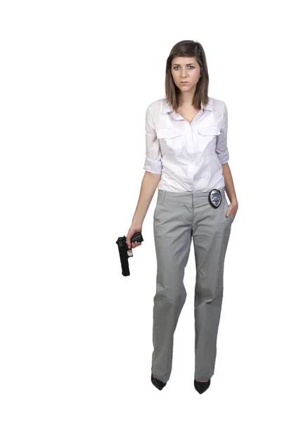 Een Mooie Politie Detective Vrouw Baan Met Een Pistool — Stockfoto