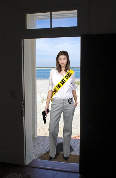 Young Beautiful Woman Holding Handgun Wearing Police Line Tape Sash — Stock Photo, Image