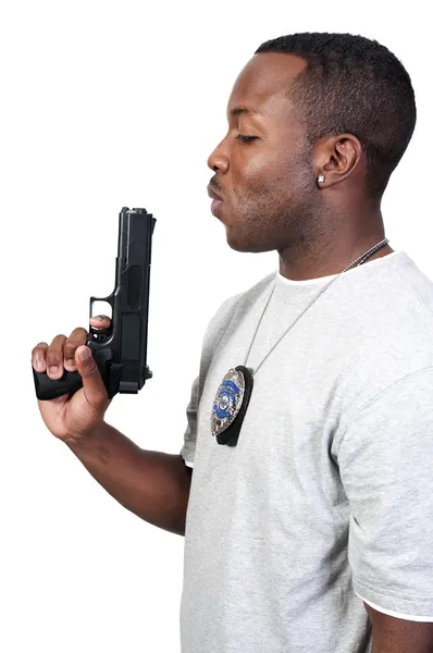 Black African American Police Detective Man Job Gun — Stock Photo, Image