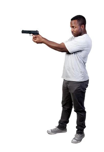銃を持つジョブの黒アフリカ系アメリカ人の警察探偵男 — ストック写真