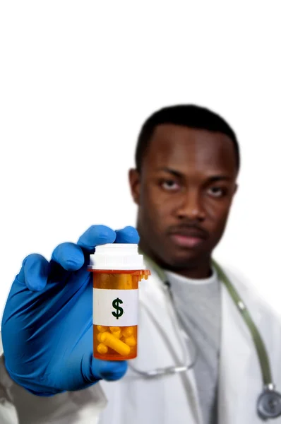 Prescrição Medicamentos Garrafa Pílula Sendo Realizada Por Homem Negro Desfocado — Fotografia de Stock