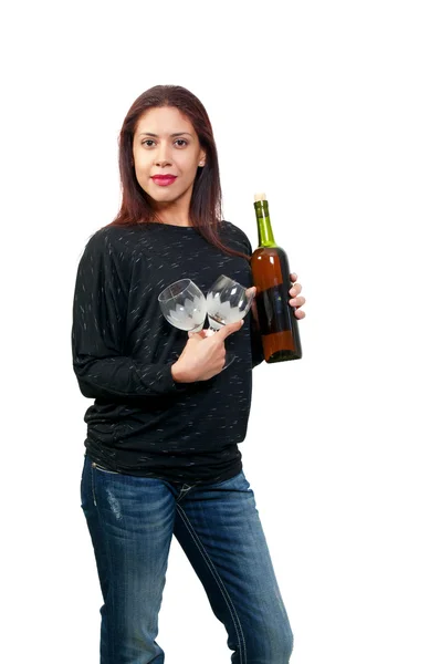 Beautiful Hispanic Latino Woman Holding Wine Glasses Bottle — Stock Photo, Image