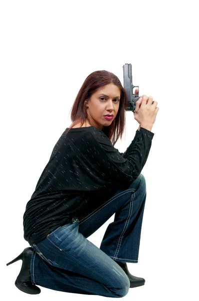 Vrouw cop met pistool — Stockfoto