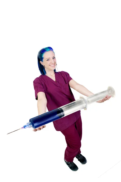 Medical Doctor Nurse Scrubs Preparing Injection Giant Syringe — Stock Photo, Image