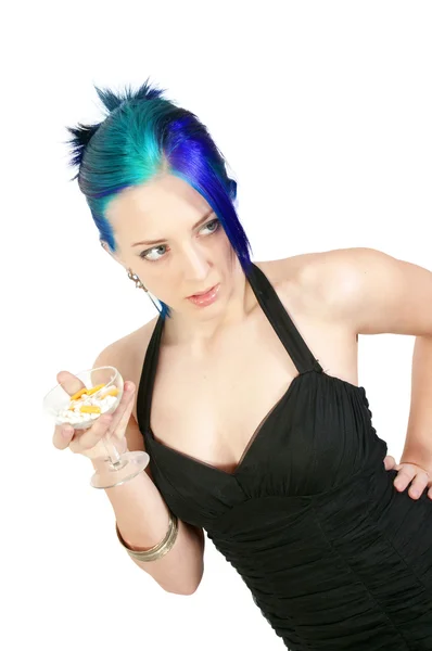 Beautiful Woman Holding Champagne Glass Full Illegal Narcotic Pills — Stock Photo, Image