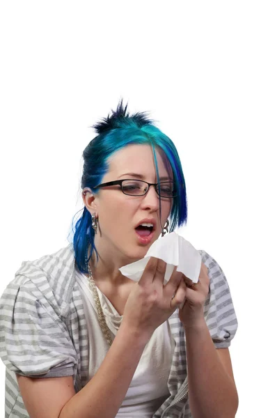 Uma Mulher Bonita Com Uma Constipação Febre Feno Alergias Soprando — Fotografia de Stock