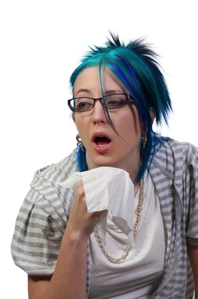 Wanita Meniup Hidungnya — Stok Foto