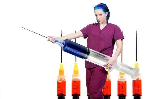 Médico Enfermeiro Esfrega Preparando Uma Injeção Uma Seringa Gigante — Fotografia de Stock