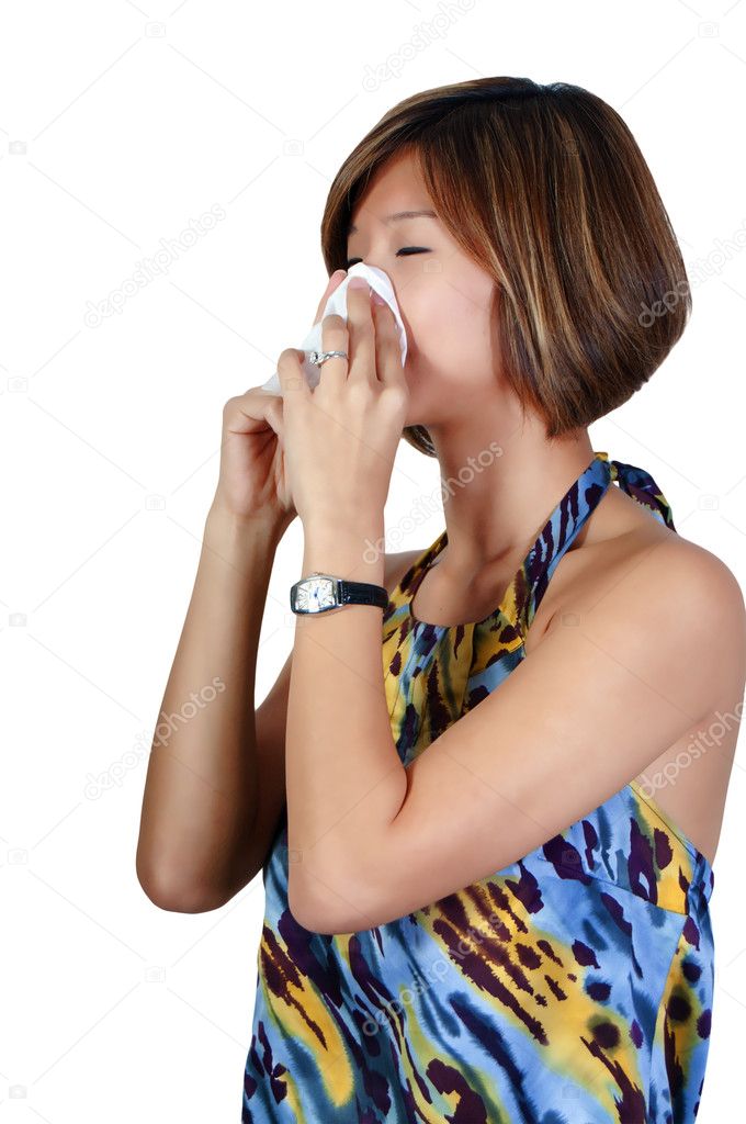 Asian Woman Blowing Nose