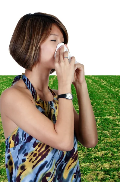 Asian Woman Blowing Nose — Stock Photo, Image