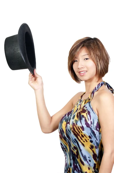 Ασιατική γυναίκα φοράει ένα κορυφαίο καπέλο — Φωτογραφία Αρχείου