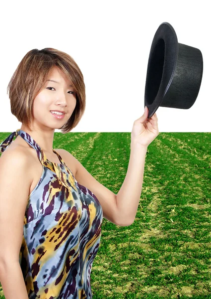 Asijské žena nosí cylindr — Stock fotografie