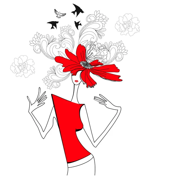 Kvinna med röda blommor — Stock vektor