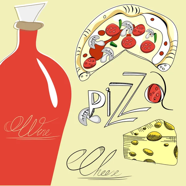 Pizza, sýr a víno — Stockový vektor