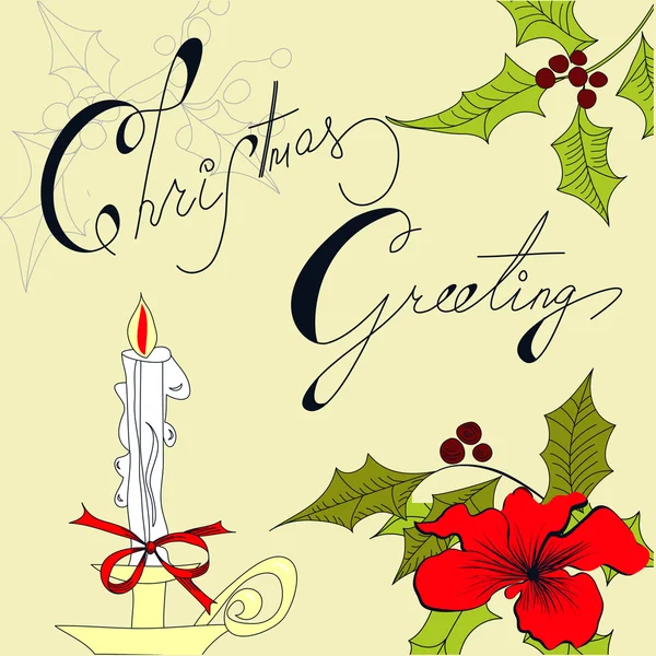 Vánoční přání s holly berry a svíčka — Stockový vektor