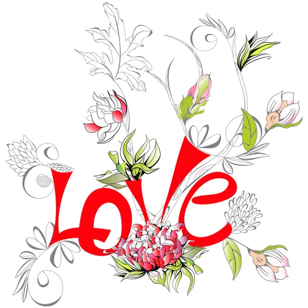 Inscription Amour avec fleur de pivoine — Image vectorielle
