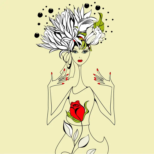 赤いバラの美しい女の子 — ストックベクタ