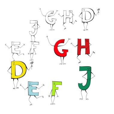 dizi karikatür tarzı harf e, f, j, g, h, d