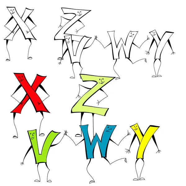 만화 스타일의 집합 문자 X, Y, W, V, Z — 스톡 벡터
