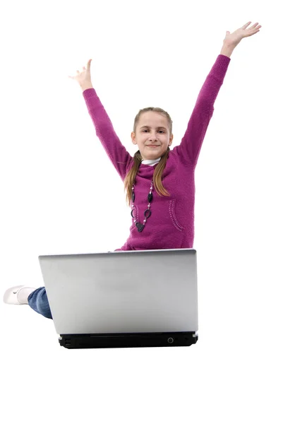 노트북 소녀입니다. 흰색 배경 위에 스튜디오 촬영. — 스톡 사진