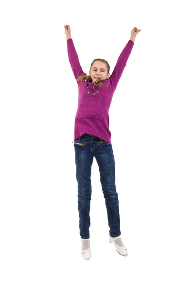 Glada lilla flickan hoppar på en vit bakgrund — Stockfoto