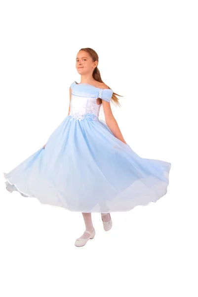 小女孩看起来像个小公主在漂亮的蓝色裙子 工作室拍摄在白色背景 — 图库照片