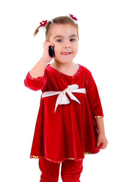 Маленька Дівчинка Портретом Телефону Студія Стріляти Над Білим Тлом — стокове фото