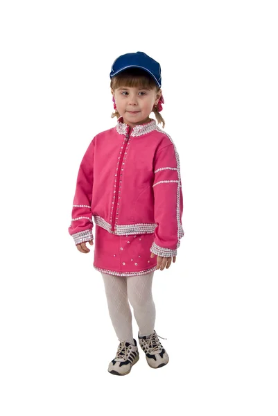 Рожевий Костюм Усміхненої Маленької Дівчинки Студія Стріляти Над Білим Тлом — стокове фото