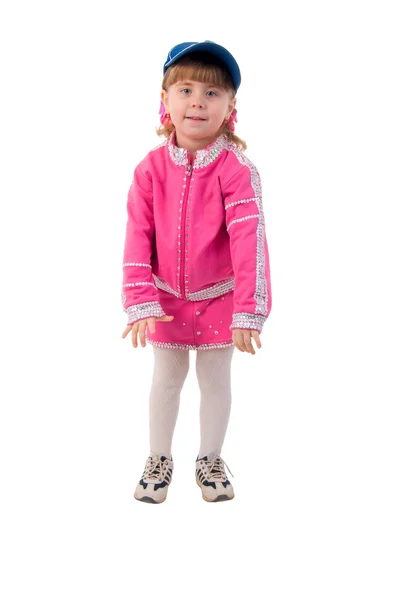 Ροζ Κοστούμι Χαμογελώντας Κοριτσάκι Στούντιο Πυροβολήσει Πάνω Από Λευκό Φόντο — Φωτογραφία Αρχείου