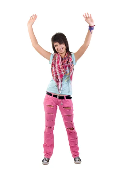 粉红色的破牛仔裤的女孩张开双臂 工作室拍摄在白色背景 — 图库照片