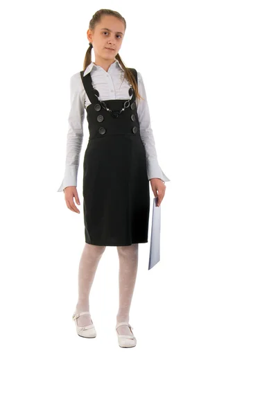 Little Schoolgirl Black Folder Isolated White Background — Stock Photo, Image