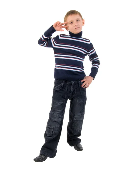 Gesture Little Boy Studio Shoot White Background — Stock Photo, Image