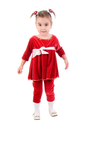 穿红裙子的小女孩 工作室拍摄在白色背景 — 图库照片