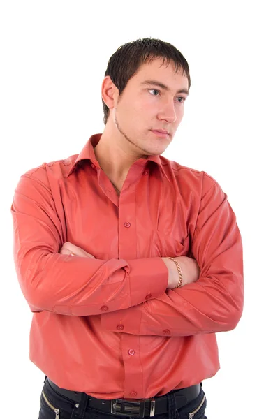 Junger erwachsener, lässiger Mann im roten Hemd. Studiodreh über White Bac — Stockfoto