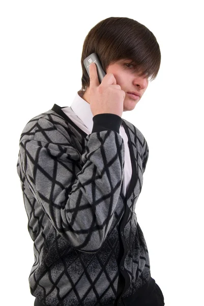 stock image Portrait Of Modern Young Man Talking On Mobile Phone. Studio Sho