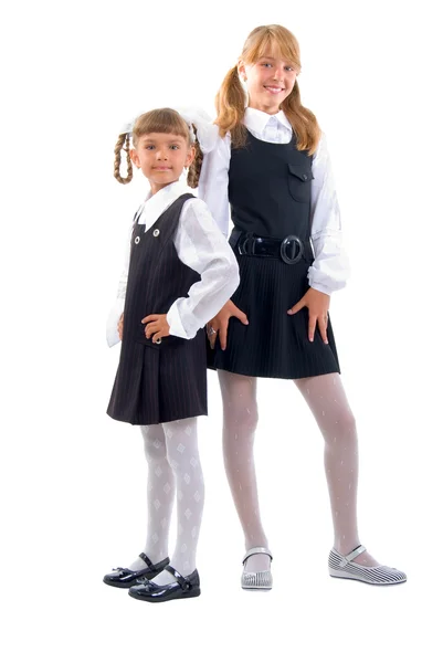 Schoolmeisjes Uniform Studio Schieten Witte Achtergrond — Stockfoto