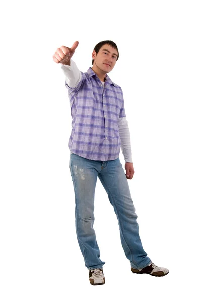 Улыбающийся Молодой Человек Стоит Поднятой Рукой Студия Снимает Белом Фоне — стоковое фото