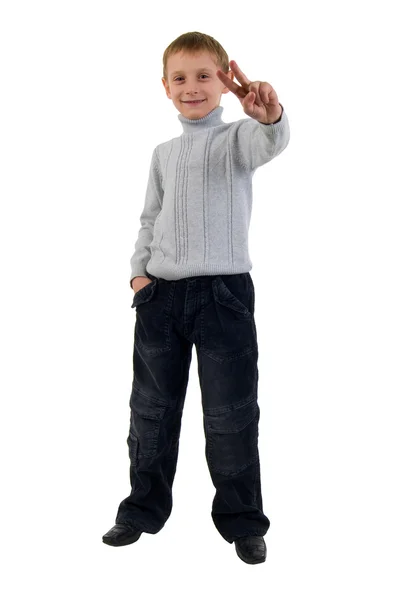 Gesture Little Boy Estúdio Atirar Sobre Fundo Branco — Fotografia de Stock