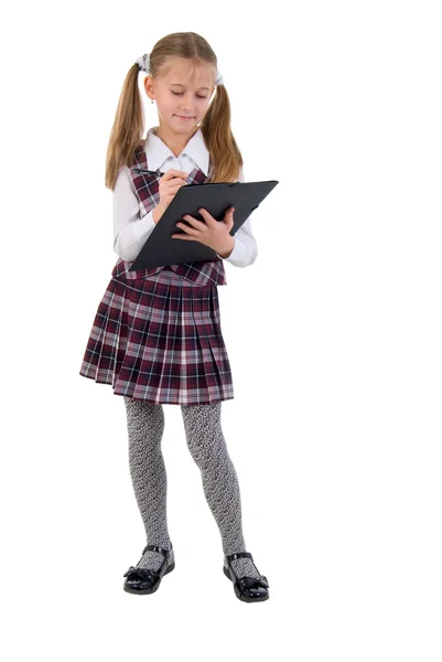 Мало школярка з чорним папку. Ізольовані на білий Backgroun — стокове фото