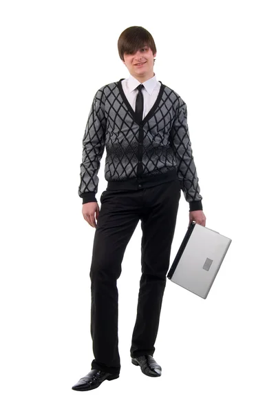 Jonge Man Laptop Studio Schieten Witte Achtergrond — Stockfoto