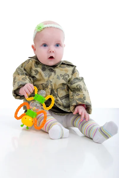 stock image Girl Baby With Orange Toy. Studio Shoot Over White Background.