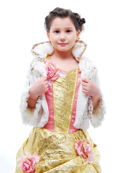 Klein meisje in prinses kostuum op witte achtergrond — Stockfoto