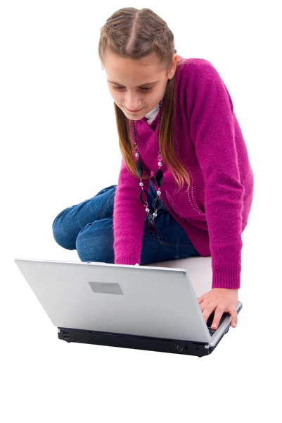 Modern Girl Laptop Studio Shoot White Background — Stock Photo, Image