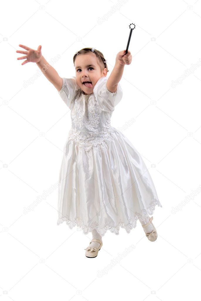 Little Girl Dressed As Fairy Or Princess. Studio Shoot Over White Background.