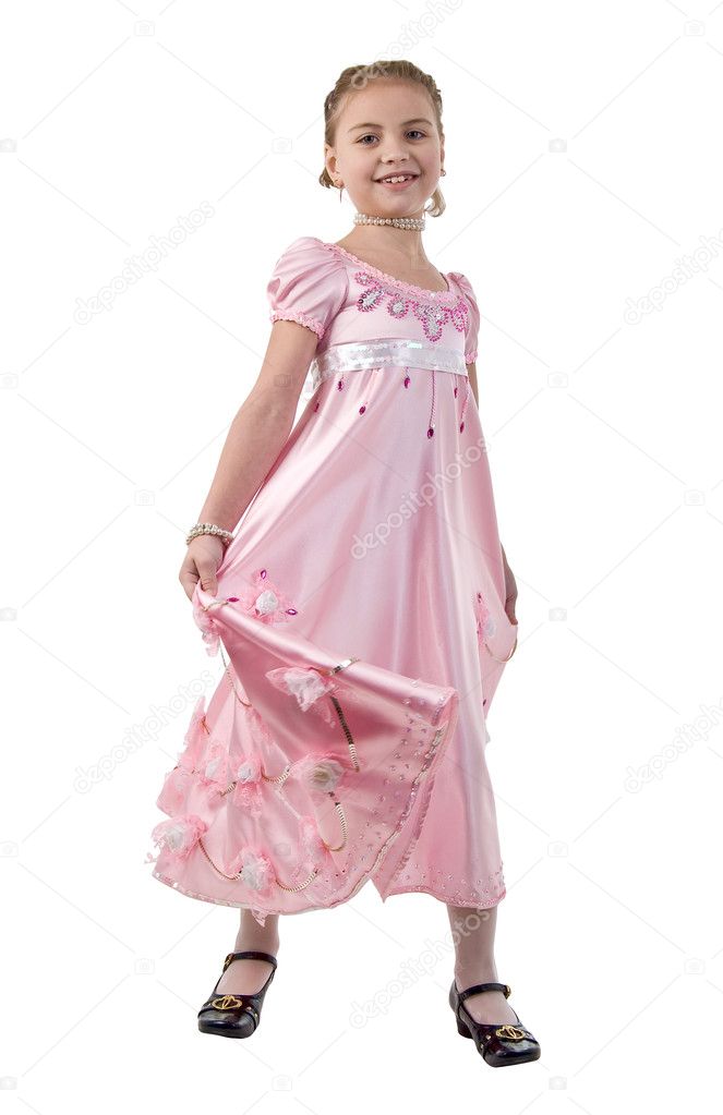 Little Girl Looks Like A Small Princess In Beautiful Pink Dress.