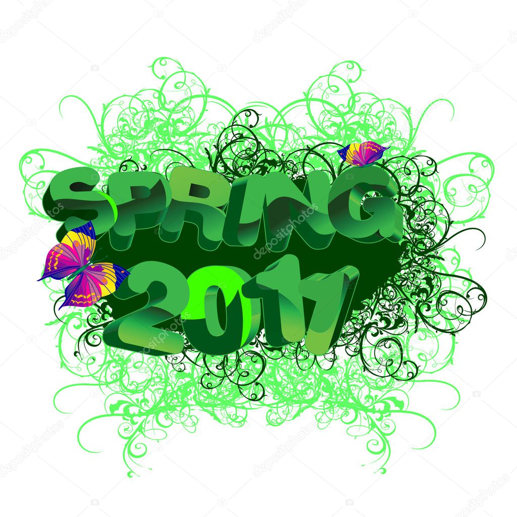 Spring 2011 Vector 3D Text, Grass And Butterfly.