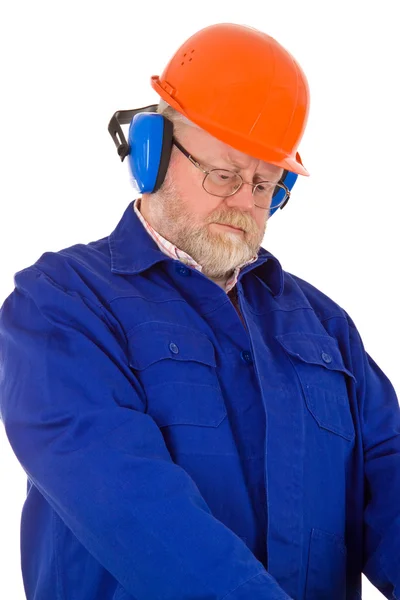 Trabalhador da construção civil com proteção auditiva — Fotografia de Stock
