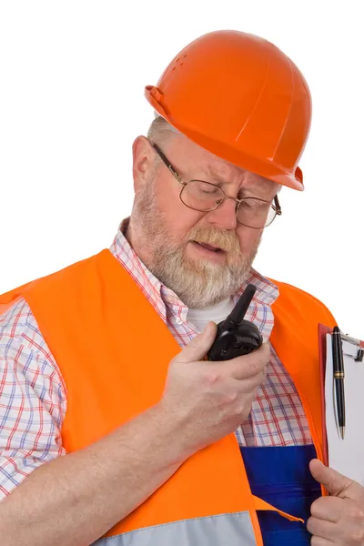 Travailleur de la construction avec talkie walkie — Photo