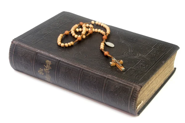 stock image Ancient bible with rosary