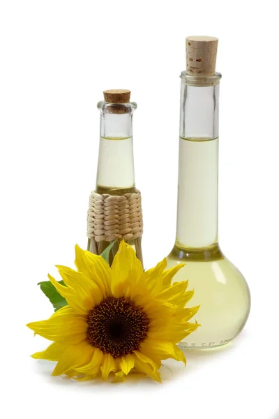 Solrosolja i flaskor — Stockfoto